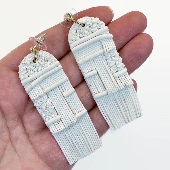 Funky Earrings, Boho, Rubber, Dangles, White, Vintage, Pierced, 2 3/4" Long - Picture 2 of 4